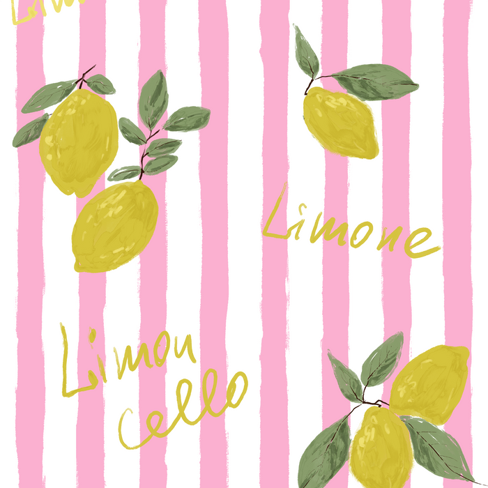 Pattern of yellow lemons and green leaves on pink and white stripes with "Limone" and "Limoncello" text.