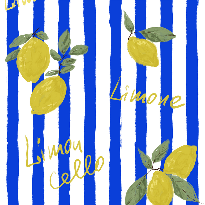 Lemons with leaves on blue and white striped background, featuring the words "Limone" and "Limoncello."
