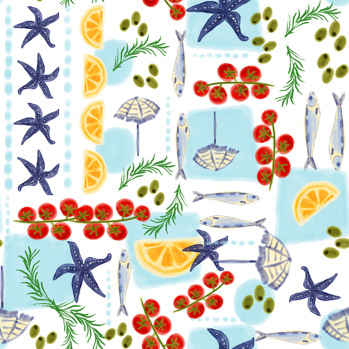 Colorful marine-themed pattern featuring starfish, fish, olives, lemons, and cherry tomatoes on a light background.