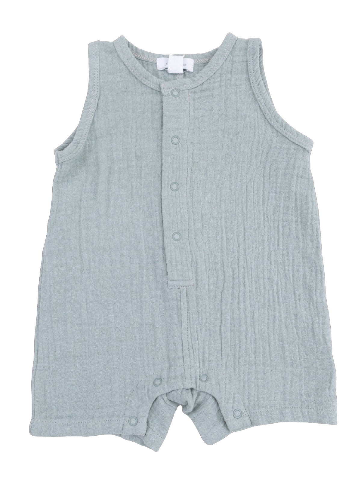 Light blue sleeveless baby romper with front buttons and a soft, textured fabric. Perfect for warm weather.