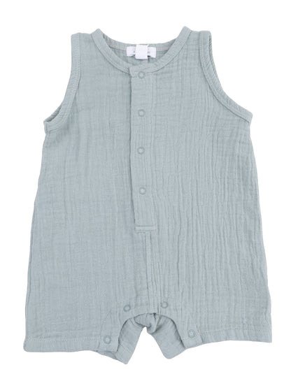 Light blue sleeveless baby romper with front buttons and a soft, textured fabric. Perfect for warm weather.