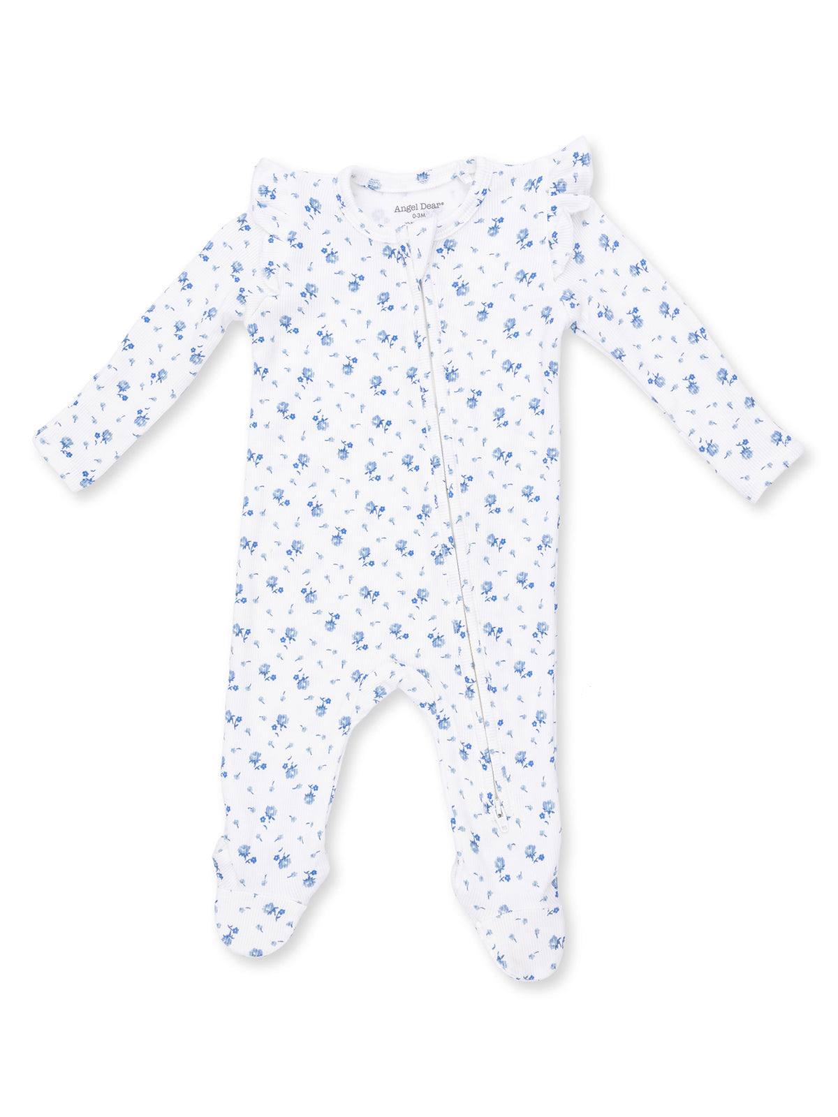 White baby onesie with blue floral patterns and long sleeves, featuring a front zipper closure.