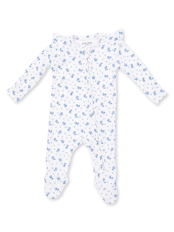 White baby onesie with blue floral patterns and long sleeves, featuring a front zipper closure.