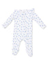 White baby onesie with blue floral patterns and long sleeves, featuring a front zipper closure.