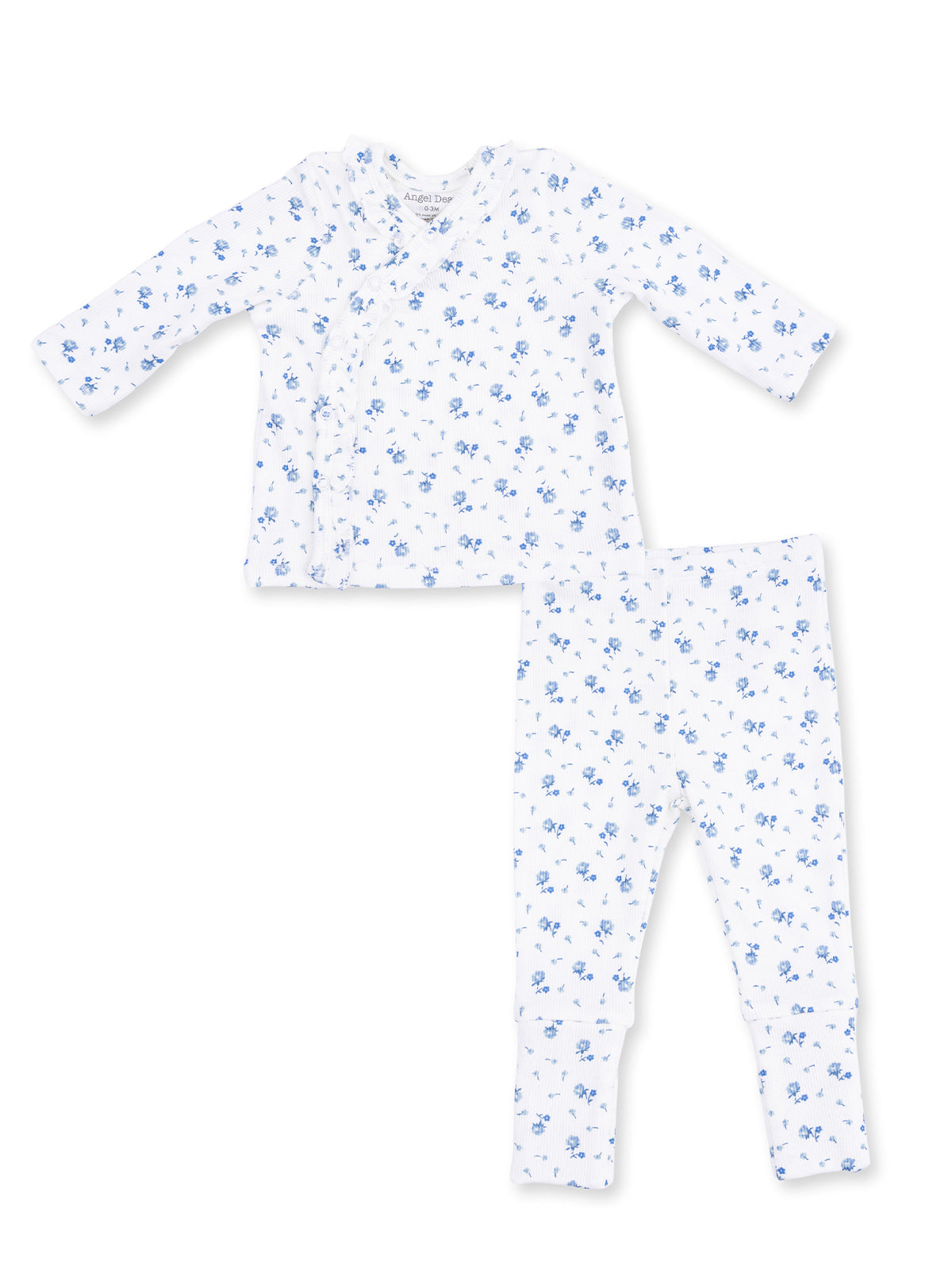 Floral-patterned baby pajama set in white with blue flowers, featuring a long-sleeve top and matching pants.