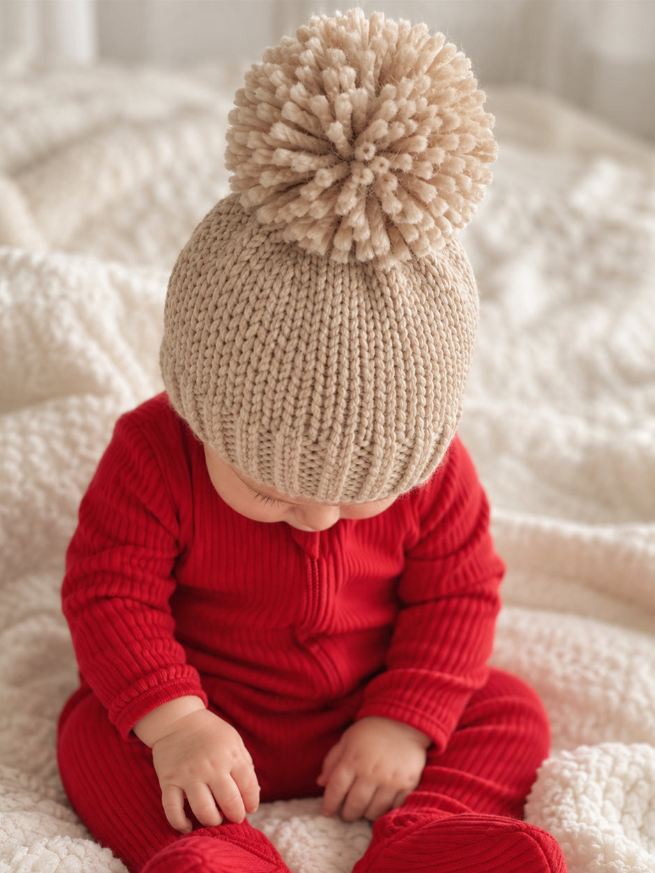 Jumbo Pom Knit Hat, Oat