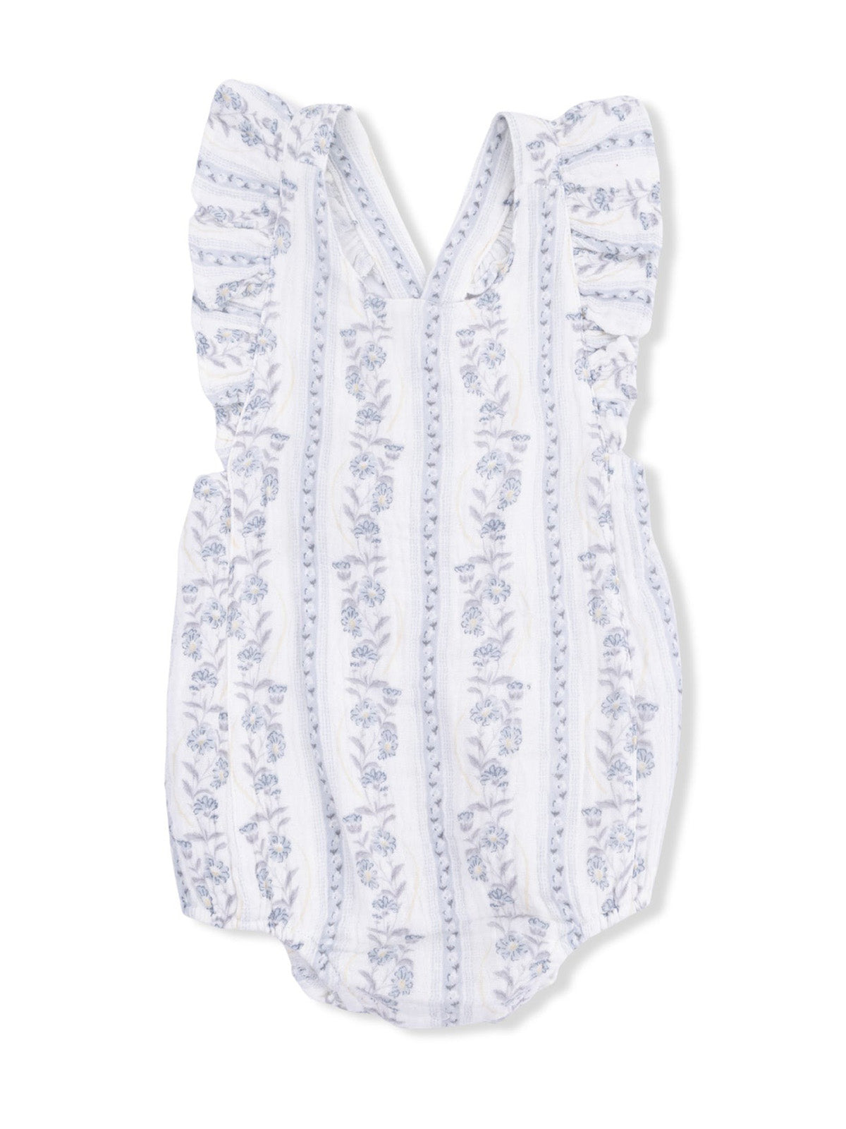 Floral-patterned baby romper with ruffled sleeves in soft white and light blue.