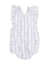 Floral-patterned baby romper with ruffled sleeves in soft white and light blue.