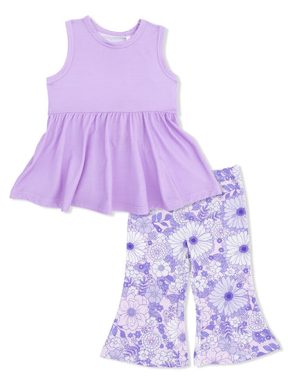 Lavender peplum top with floral patterned pants for kids, showcasing vibrant purple hues and playful designs.