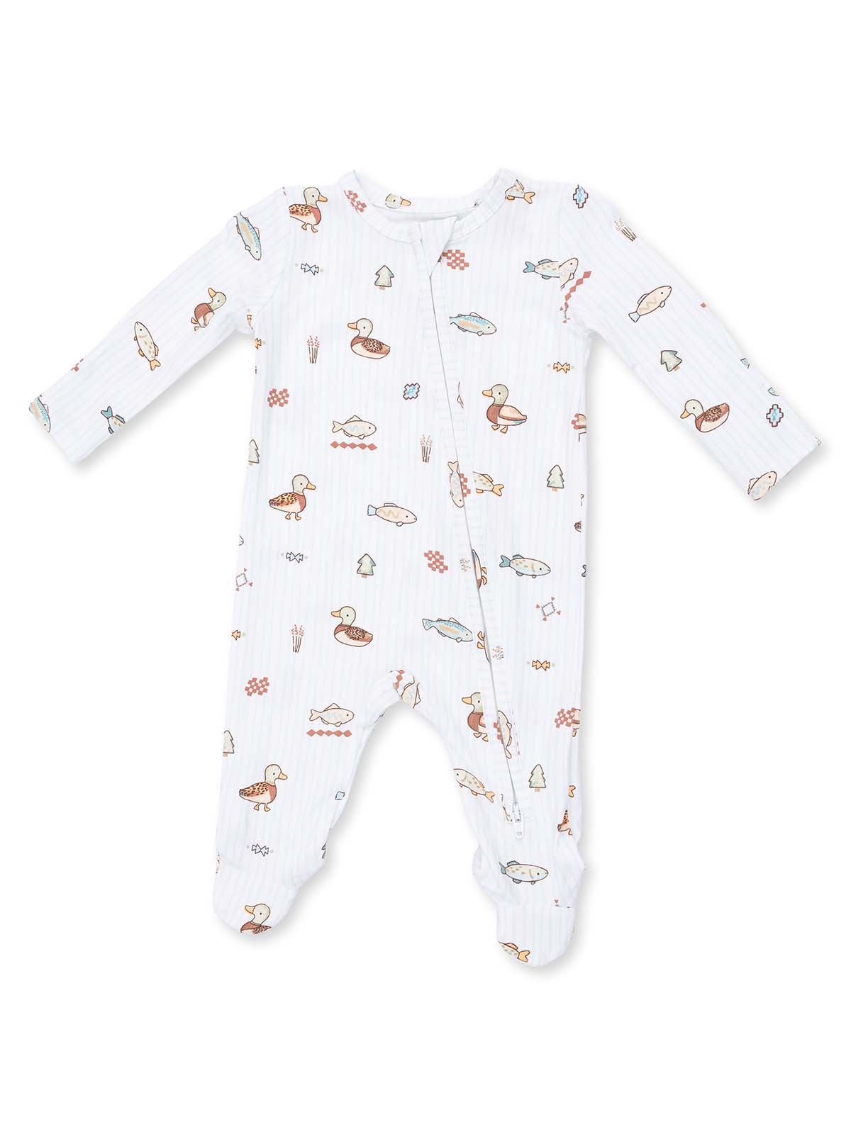 White baby onesie featuring playful duck and fish patterns, perfect for infants and toddlers.