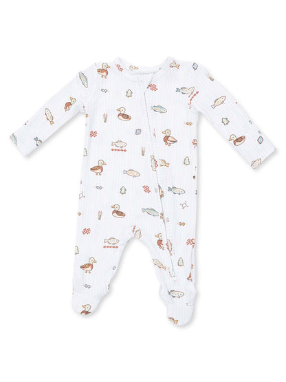 White baby onesie featuring playful duck and fish patterns, perfect for infants and toddlers.