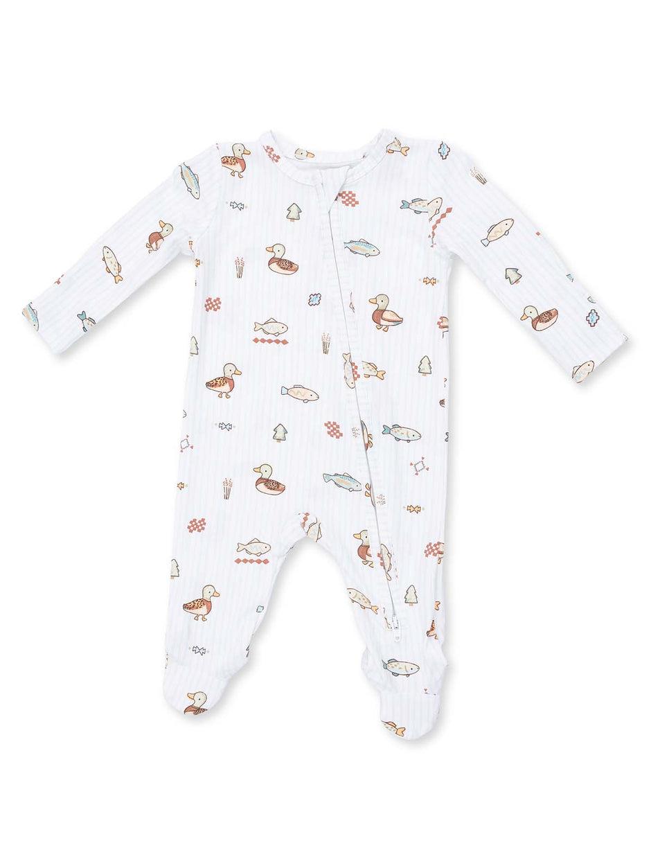 White baby onesie featuring playful duck and fish patterns, perfect for infants and toddlers.