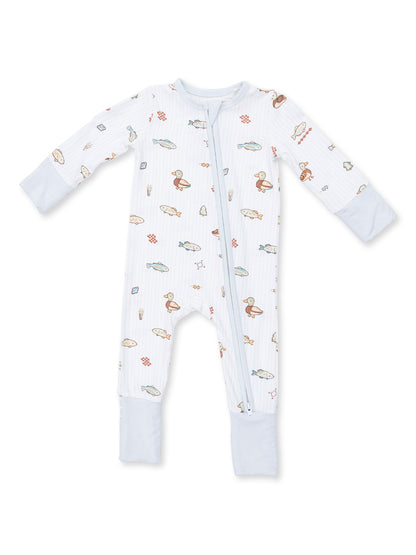 Baby onesie with fish and duck patterns, featuring long sleeves and a front zipper, in soft pastel colors.