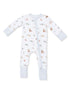 Baby onesie with fish and duck patterns, featuring long sleeves and a front zipper, in soft pastel colors.