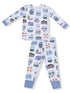 Children's pajamas featuring colorful lake-themed prints and patterns in various shapes and sizes.