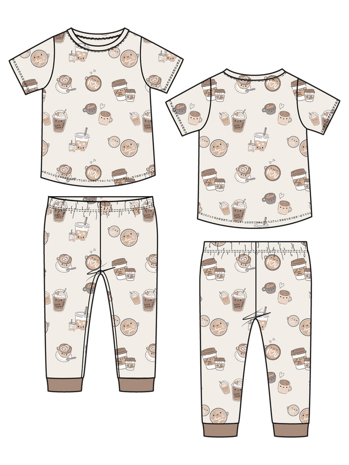 Kids' pajama set featuring a fun pattern of cute desserts and coffee cups on a light background.