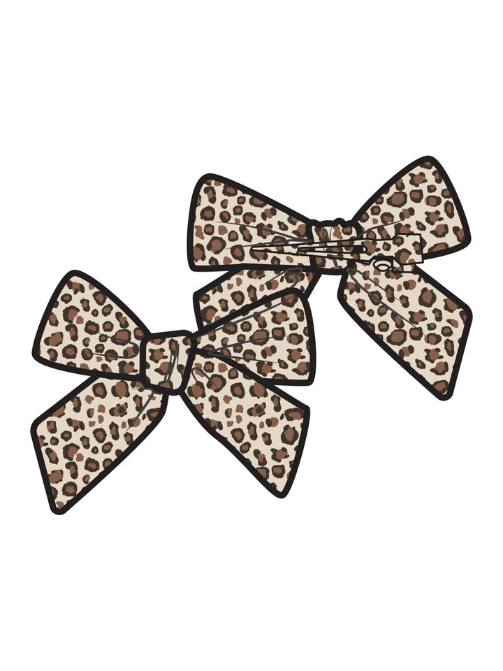 Leopard print hair bows with large loops and central knots, shown in a pair.