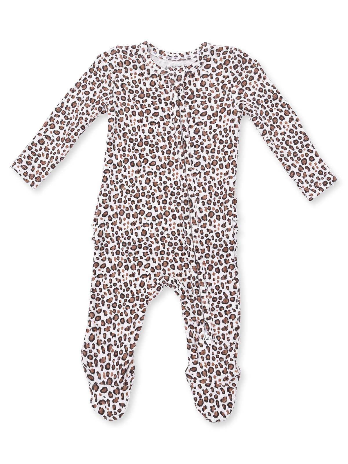 White baby onesie with leopard print pattern and long sleeves, featuring a front snap closure.