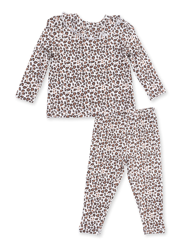 Leopard print pajama set with long sleeves and matching leggings, featuring a ruffled neckline.