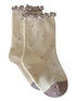 Cream-colored socks with ruffled openings and polka dots, featuring a beige toe.