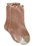 Pink ribbed socks with white polka dots and a ruffled cuff design. Perfect for adding a cute touch to outfits.