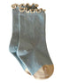 Light blue ankle socks with a ruffled top and beige toe, featuring small dots throughout.