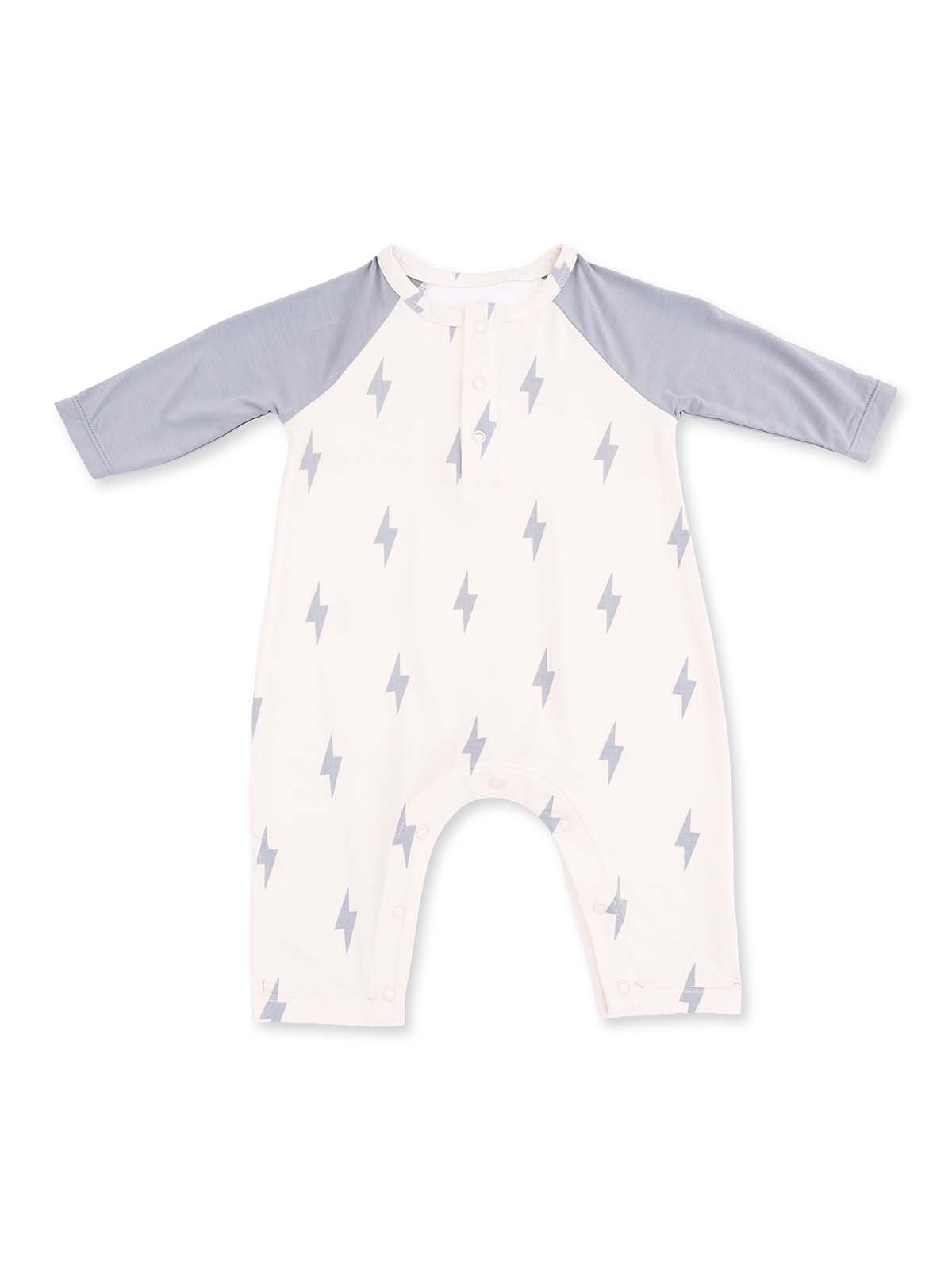Light-colored baby romper with gray sleeves and a lightning bolt pattern. Perfect for stylish infant wear.
