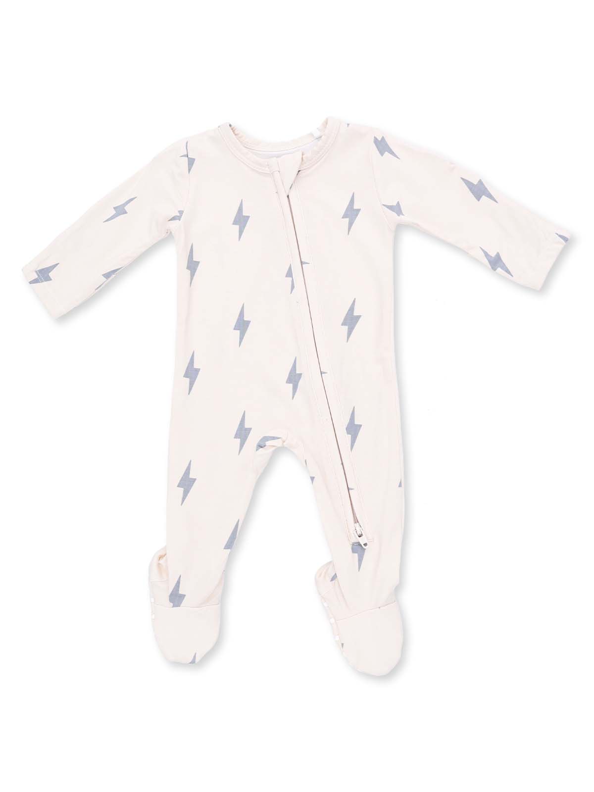 Light pink baby onesie with blue lightning bolt pattern and full zipper. Ideal for comfort and style.