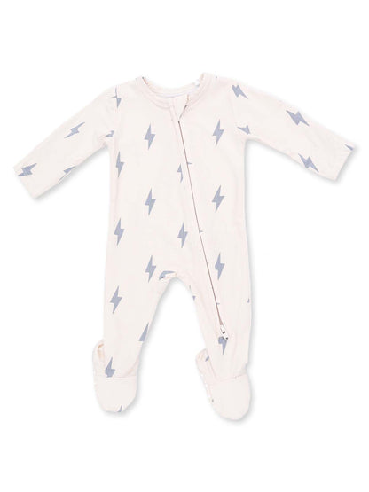 Light pink baby onesie with blue lightning bolt pattern and full zipper. Ideal for comfort and style.