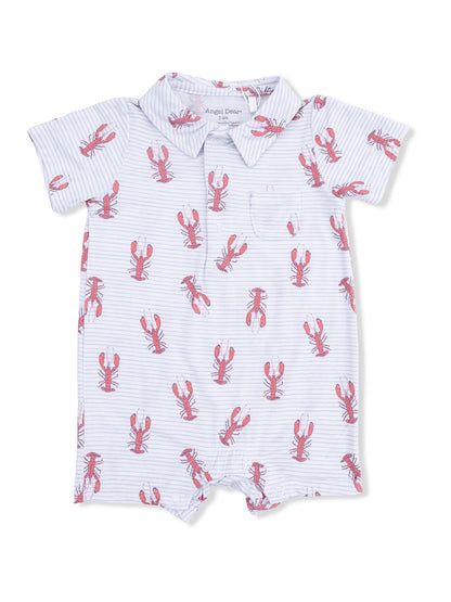 Light blue striped baby romper with red lobster print, featuring a collared neck and short sleeves.