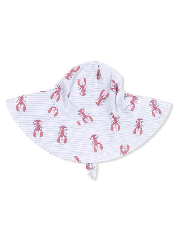 Wide-brimmed sun hat featuring a red lobster pattern on a light striped background.