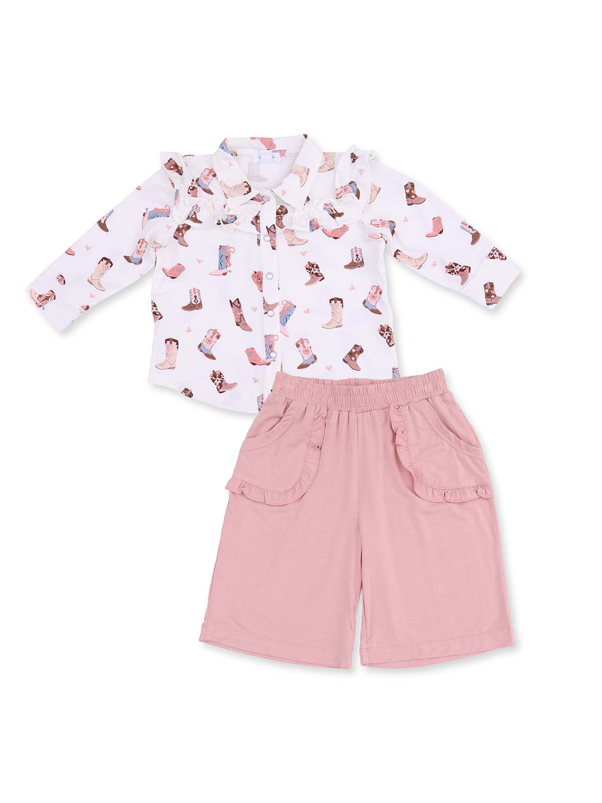 children's outfit featuring a white shirt with boot prints and pink shorts with pockets and ruffles