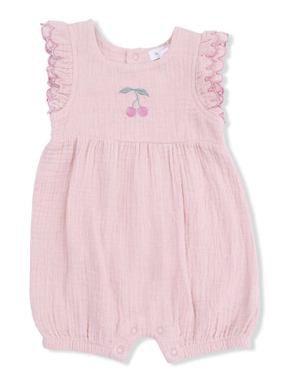 Pink baby romper with ruffled sleeves and cherry embroidery on the front. Soft, lightweight fabric.