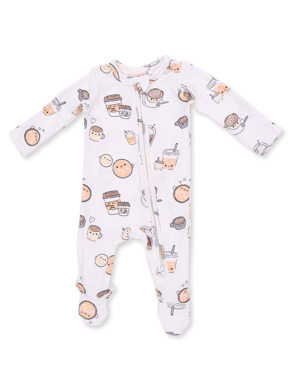 Cute baby onesie with coffee and dessert print, featuring a zipper and long sleeves. Perfect for cozy wear.