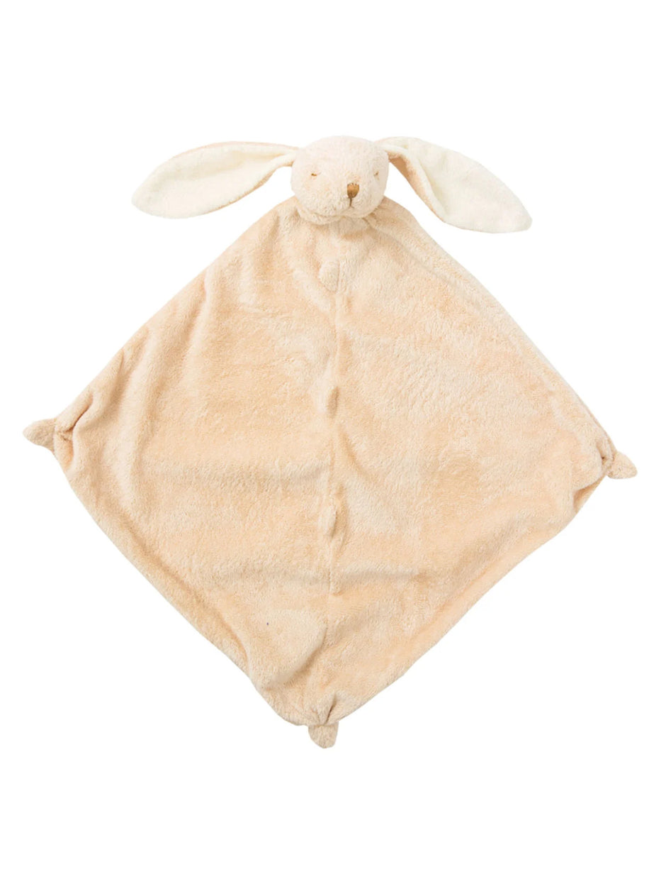 Soft beige bunny security blanket with floppy ears and a cute face, perfect for comforting babies.