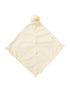 Soft yellow security blanket with a smiling duck head and rounded corners. Ideal for comfort and cuddling.