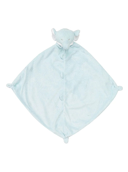 Light blue elephant plush security blanket with a triangular shape and soft fabric.