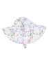 Floral sun hat with wide brim, featuring pastel colors and a light blue background.