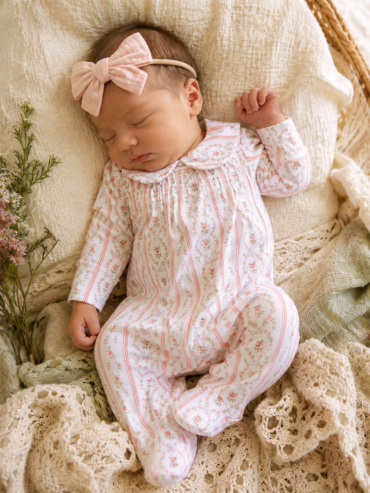 Sleeping baby girl in floral outfit and bow headband, nestled on a soft, textured blanket.