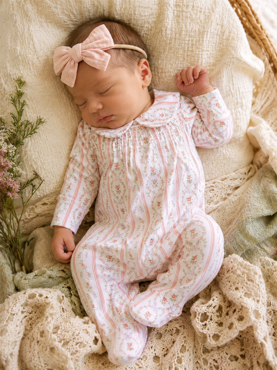Smocked Peter Pan Snap Footie, Marnie Rosebud Stripe