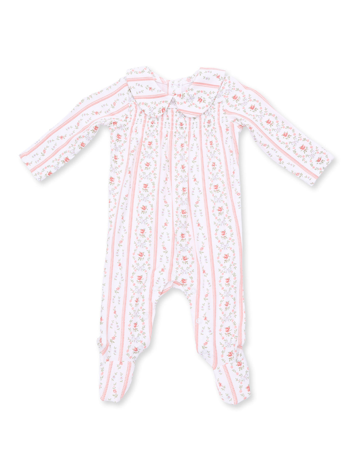 White baby onesie with pink floral stripes and a collar, featuring long sleeves and footed bottoms.