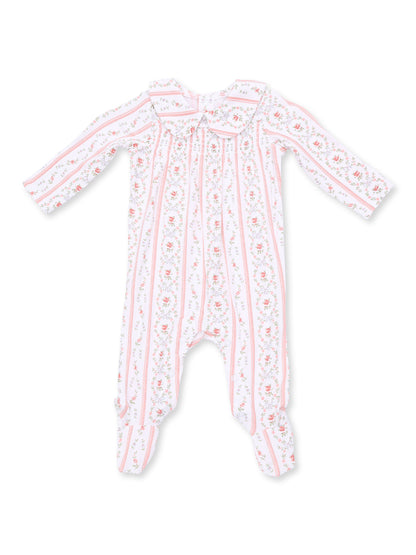 White baby onesie with pink floral stripes and a collar, featuring long sleeves and footed bottoms.