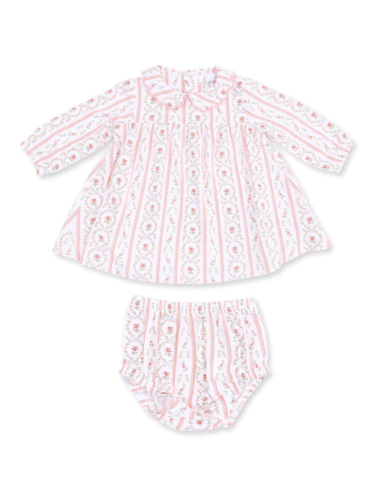 Pink and white floral dress with matching bloomers for infants, featuring a playful, vintage-inspired design.
