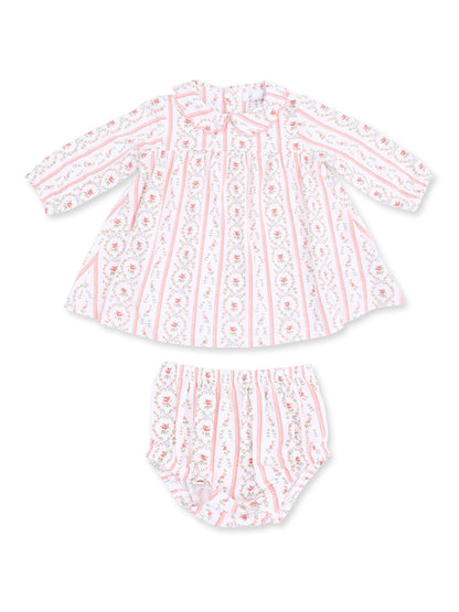 Pink and white floral dress with matching bloomers for infants, featuring a playful, vintage-inspired design.