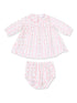 Pink and white floral dress with matching bloomers for infants, featuring a playful, vintage-inspired design.