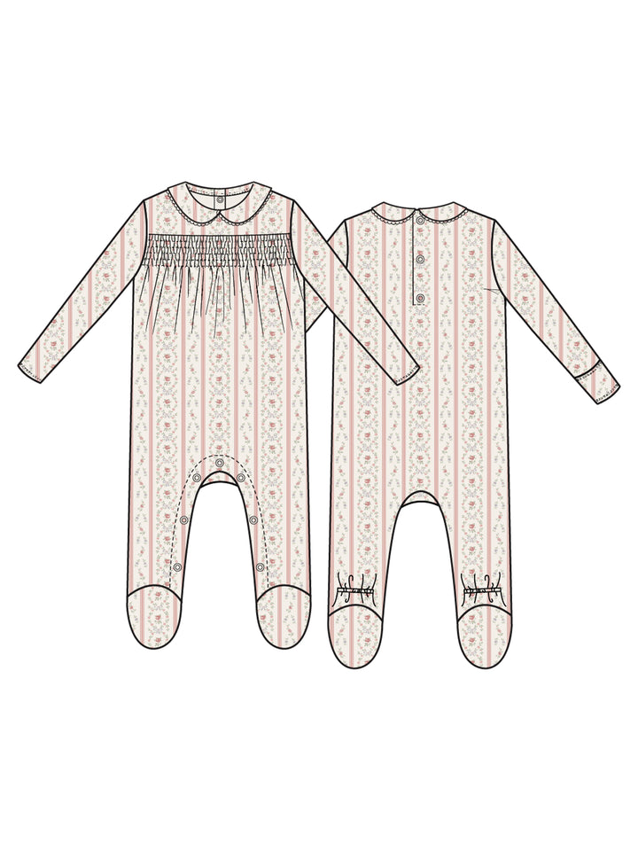 Baby onesie with a floral and striped pattern, featuring long sleeves, a smocked front, and snap closures.
