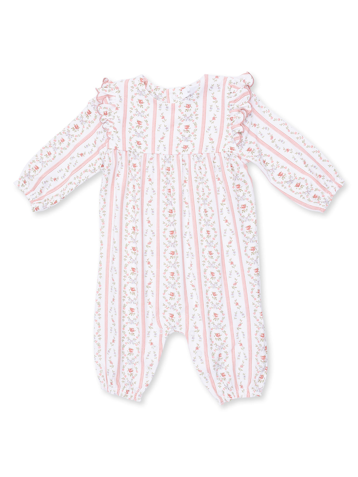 White infant romper with pink floral and striped patterns, featuring ruffled sleeves and elasticized cuffs.