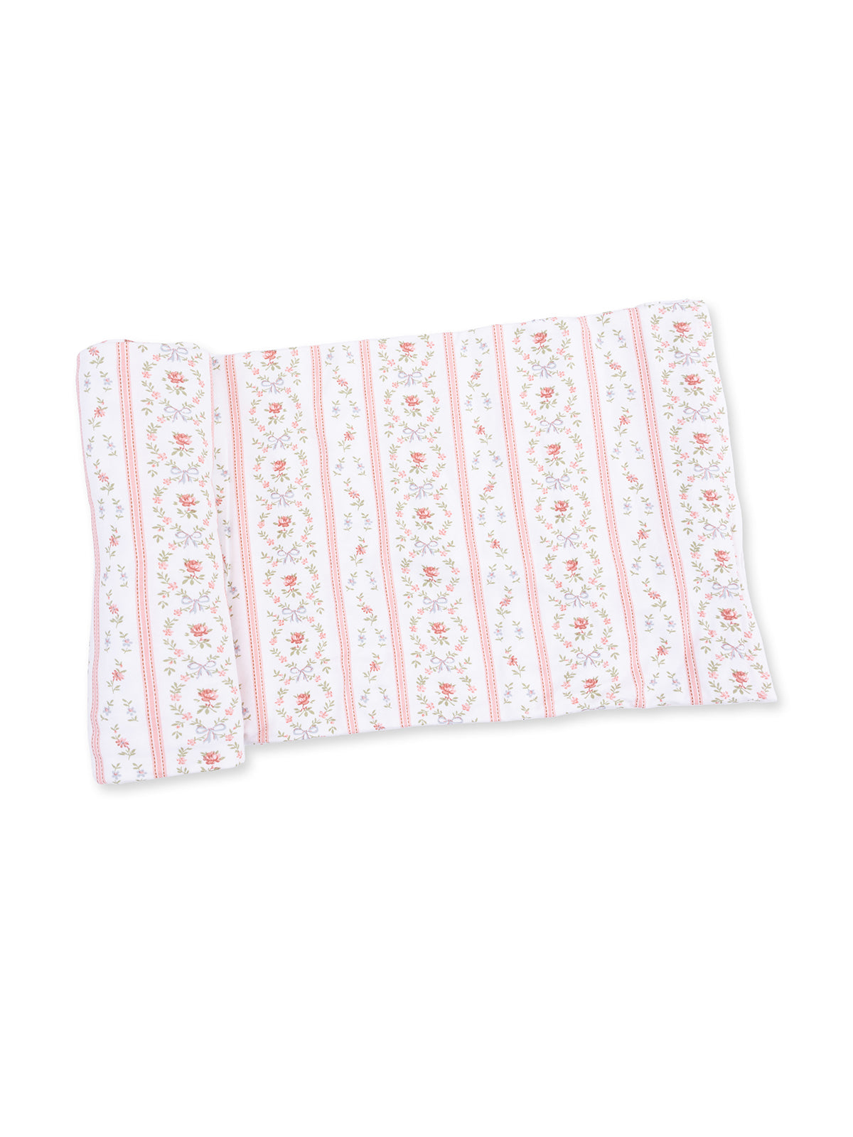 Floral patterned fabric in white, pink, and green with stripes and roses, ideal for home décor or crafting projects.