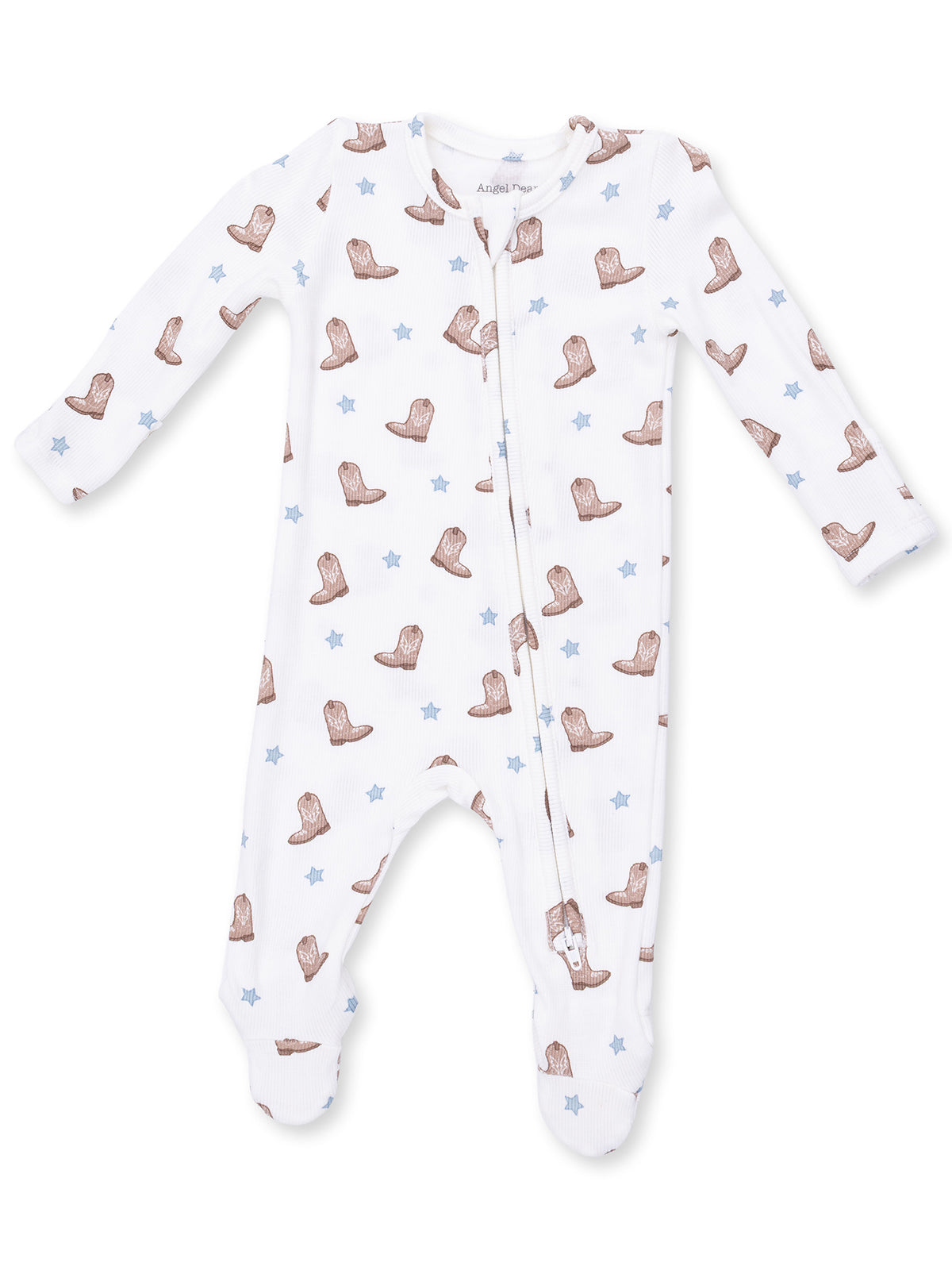 White infant onesie with brown cowboy boots and blue stars pattern, featuring long sleeves and a front zipper.