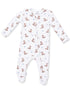 White infant onesie with brown cowboy boots and blue stars pattern, featuring long sleeves and a front zipper.